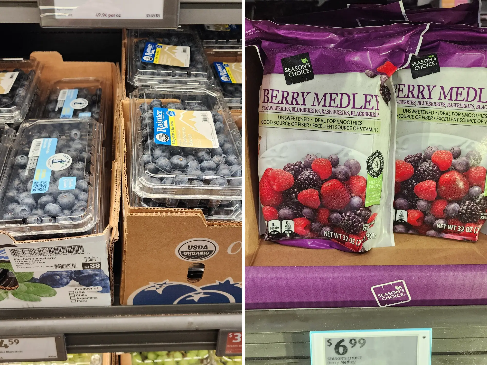 A side-by-side image of blueberries and an image of the Season's Choice frozen berry medley at Aldi.