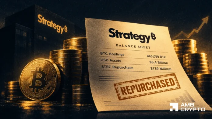 Strategy-repurchases-139M-STRC-as-its-treasury-hits-845050-BTC.webp Strategy repurchases $139M STRC as its treasury hits 845,050 BTC - Details